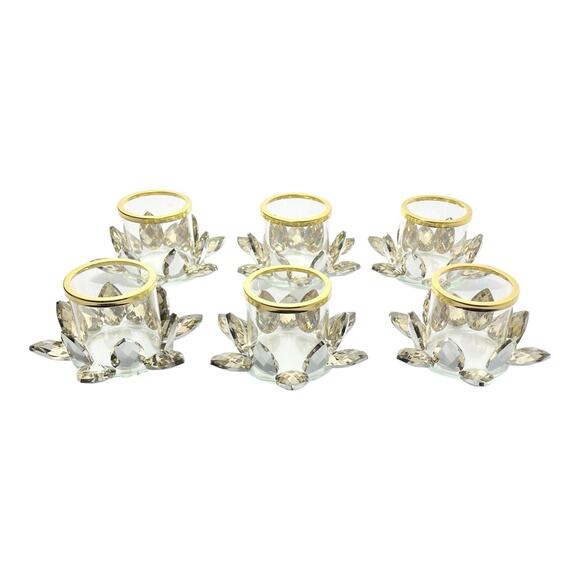 Set of 6 Clear Gold Rim Amber Ombré Lotus Tea Light Votive Candle Holders 5.25” - Picture 1 of 7